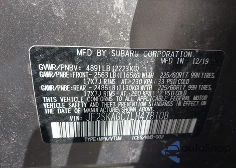 2020 Subaru Forester Premium from USA, damaged, VIN JF2SKAGC7LH478108